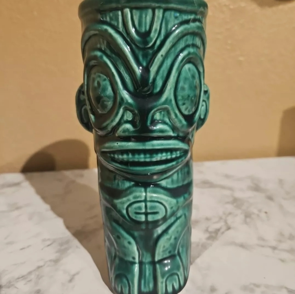 Tiki Farm 2001 Green Glazed Ceramic Tiki Mug/Vase 7"